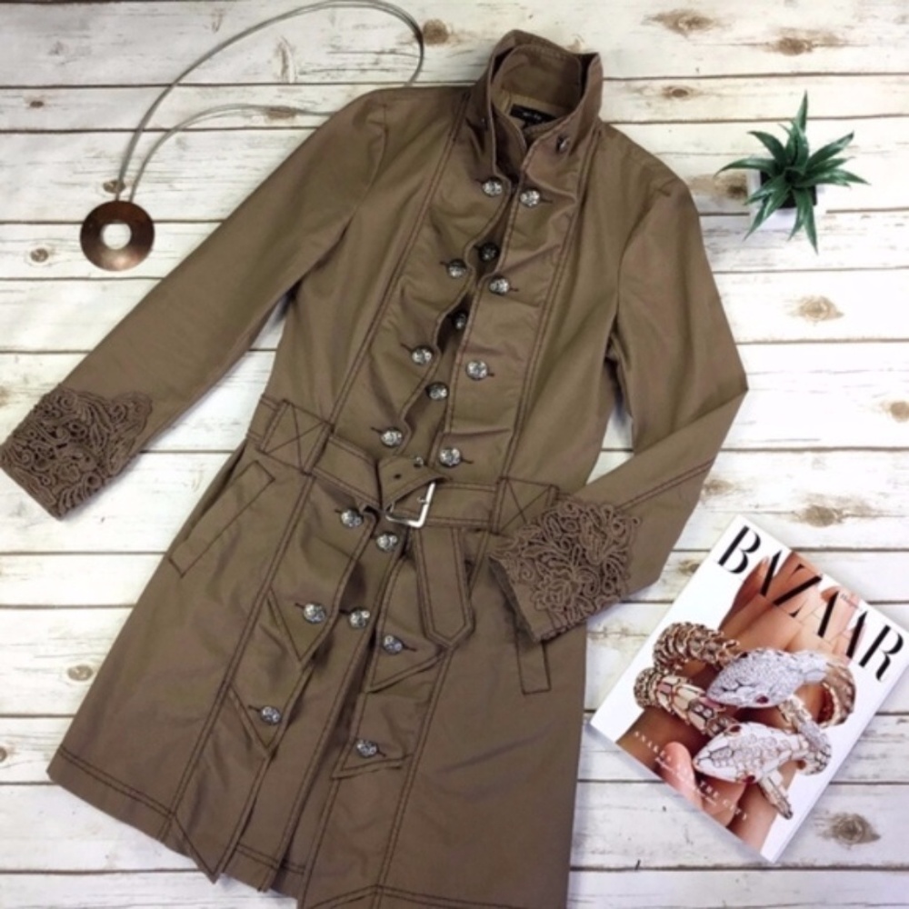 Mi-Tu Brown Trench Coat Military Inspired Italian Design with Lace Detail
